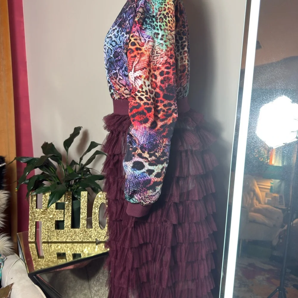 Colorful Animal Print Bomber Jacket with Burgundy Skirt One Piece - Picture 4 of 4